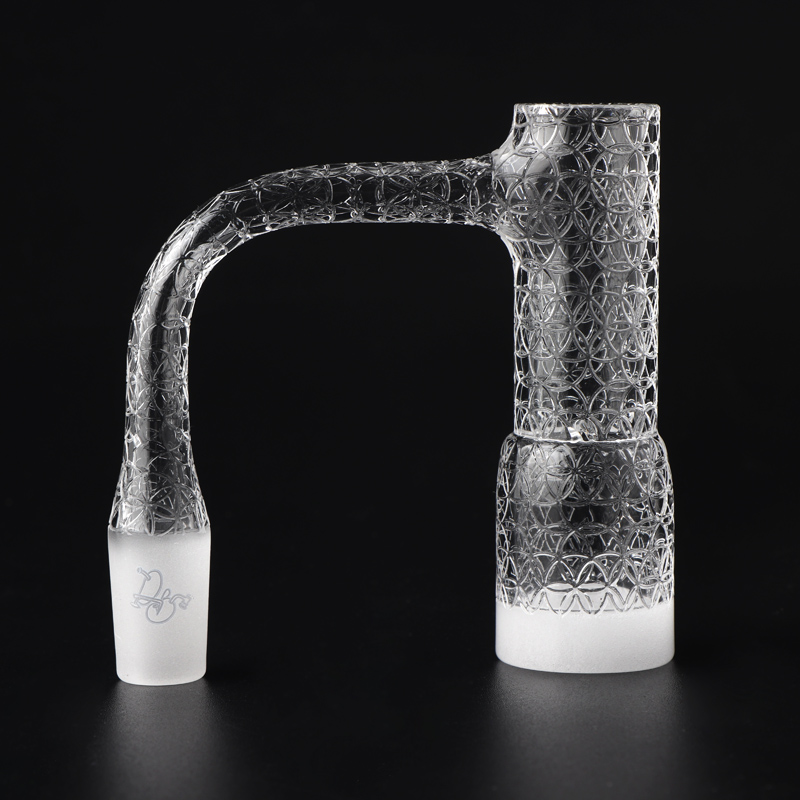 Etched Quartz Long Bucket Spinner Banger 14mm 90° â Dual Airflow Side Slits, White Base